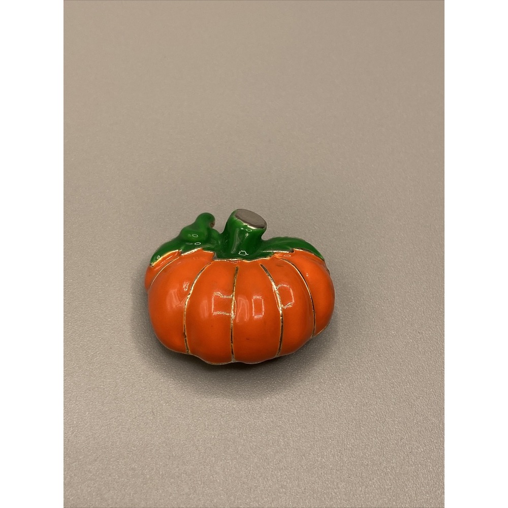 Enameled Pumpkin Brooch Loop Signed MJ Orange Silver  1.5" Halloween Harvest